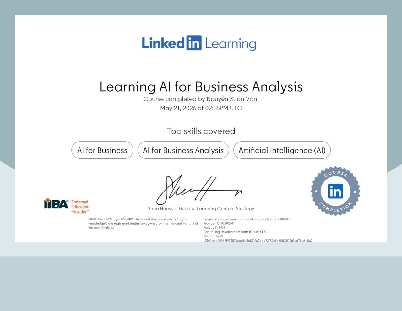 Learning AI for Business Analysis certificate